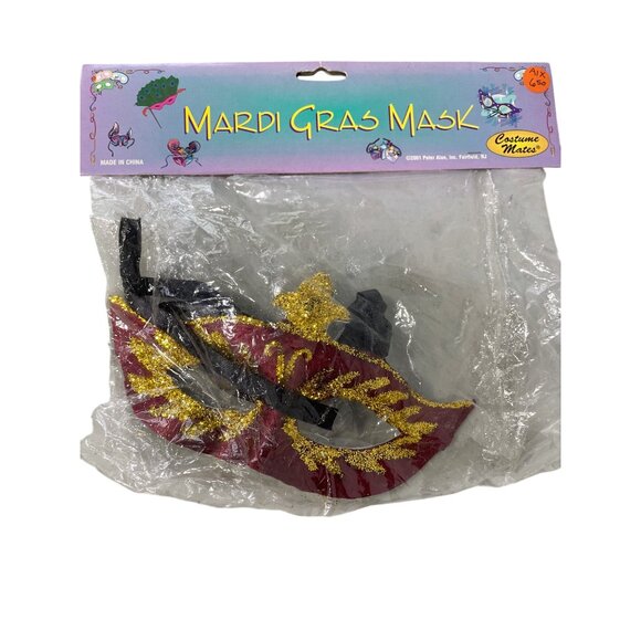 Costume Mates Mardi Gras Mask One Size Gold Red Glitter Ribbon Tie Halloween NEW - Picture 2 of 6